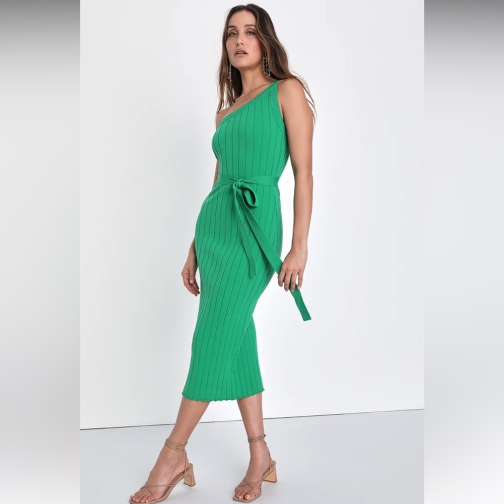Lulus Flirty Desires Green Ribbed Knit One-shoulder Midi Dress - Size XS